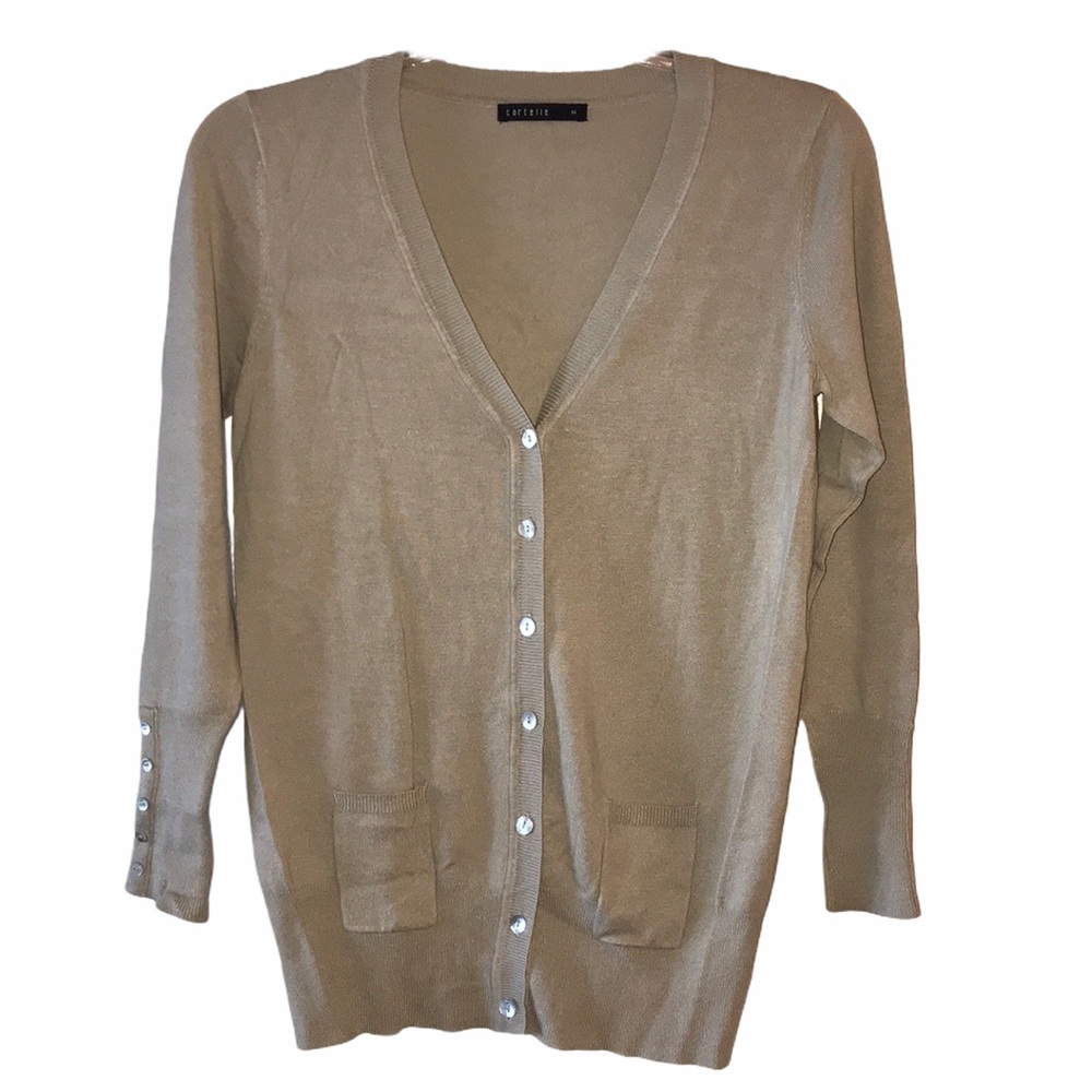 Cortelle Tan Buttoned Deep V-neck Cardigan Sweater
